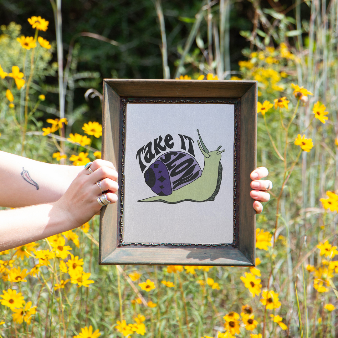 Slow Down Snail Illustrated Art Print on Matte Hemp Paper