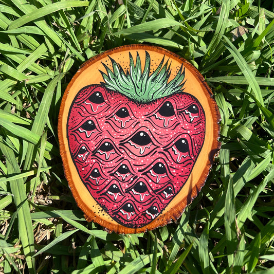 Strawberry Painting on Pine Wood Slice