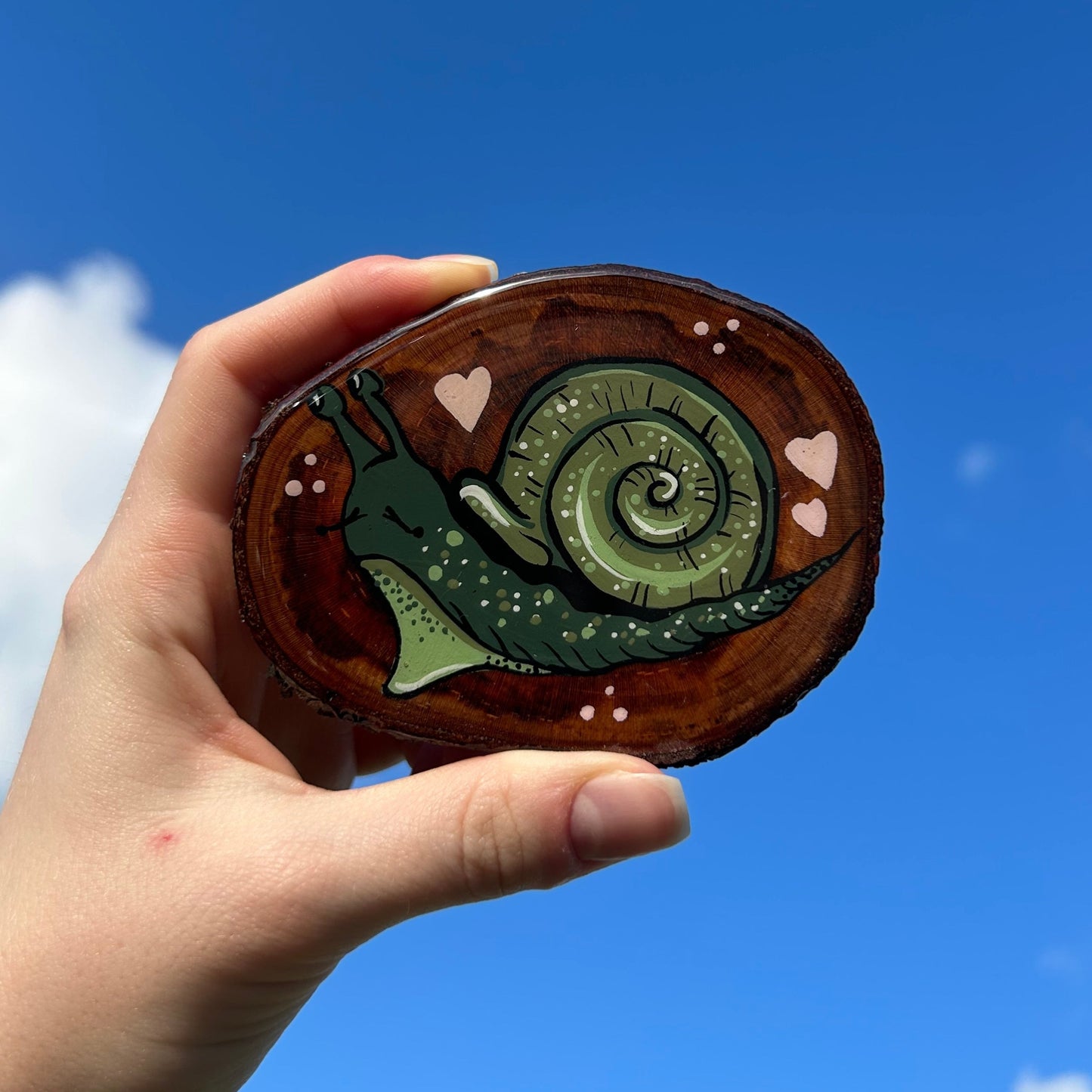 Hand-Painted Snail Artwork on Recycled Wood Slice