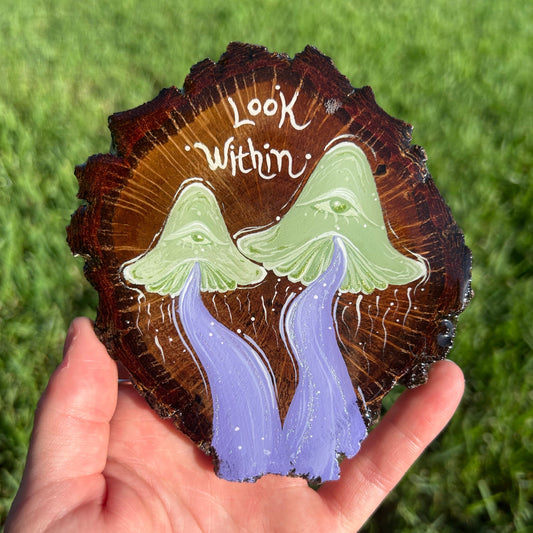 Iris Mushroom Painting on Oak Slice