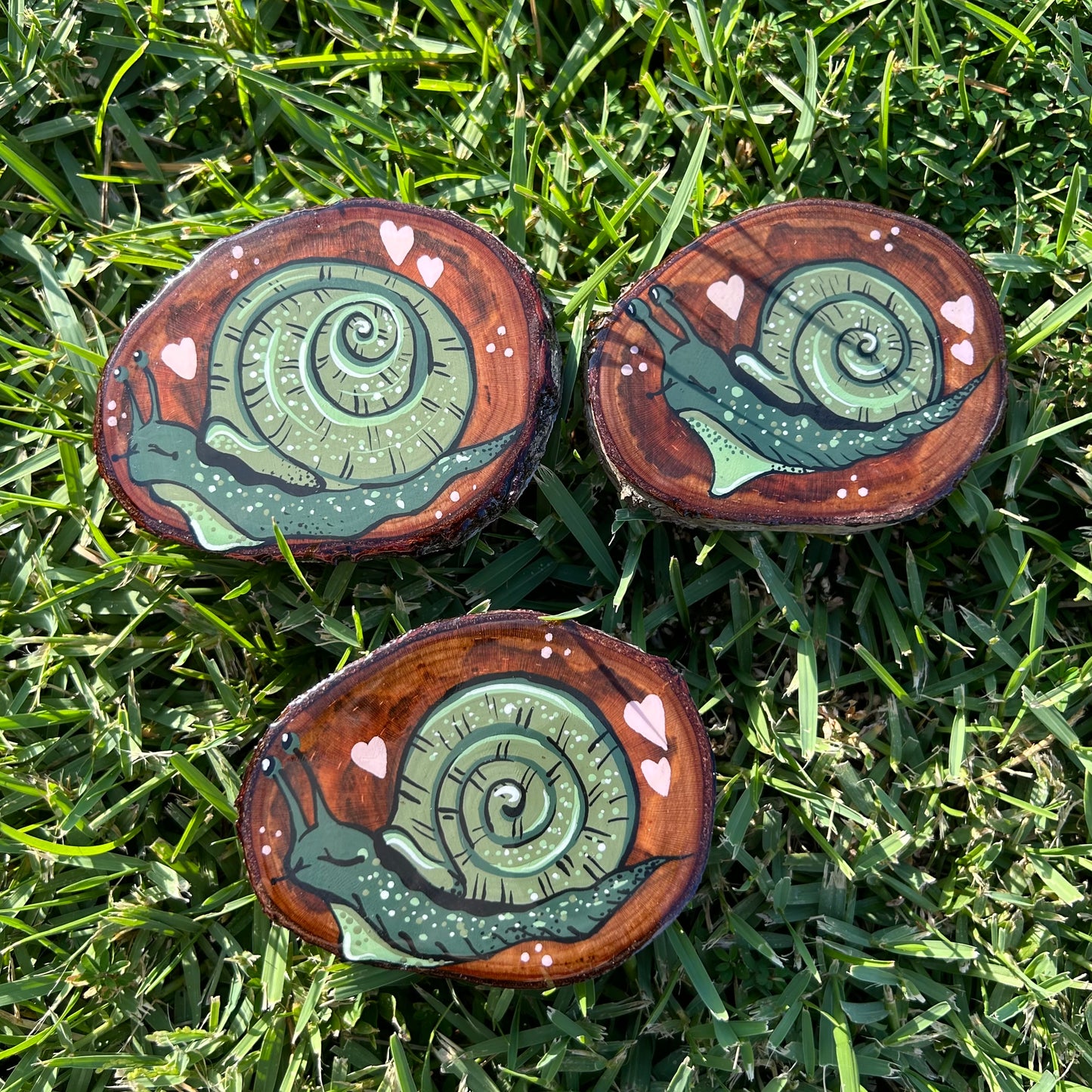 Hand-Painted Snail Artwork on Recycled Wood Slice