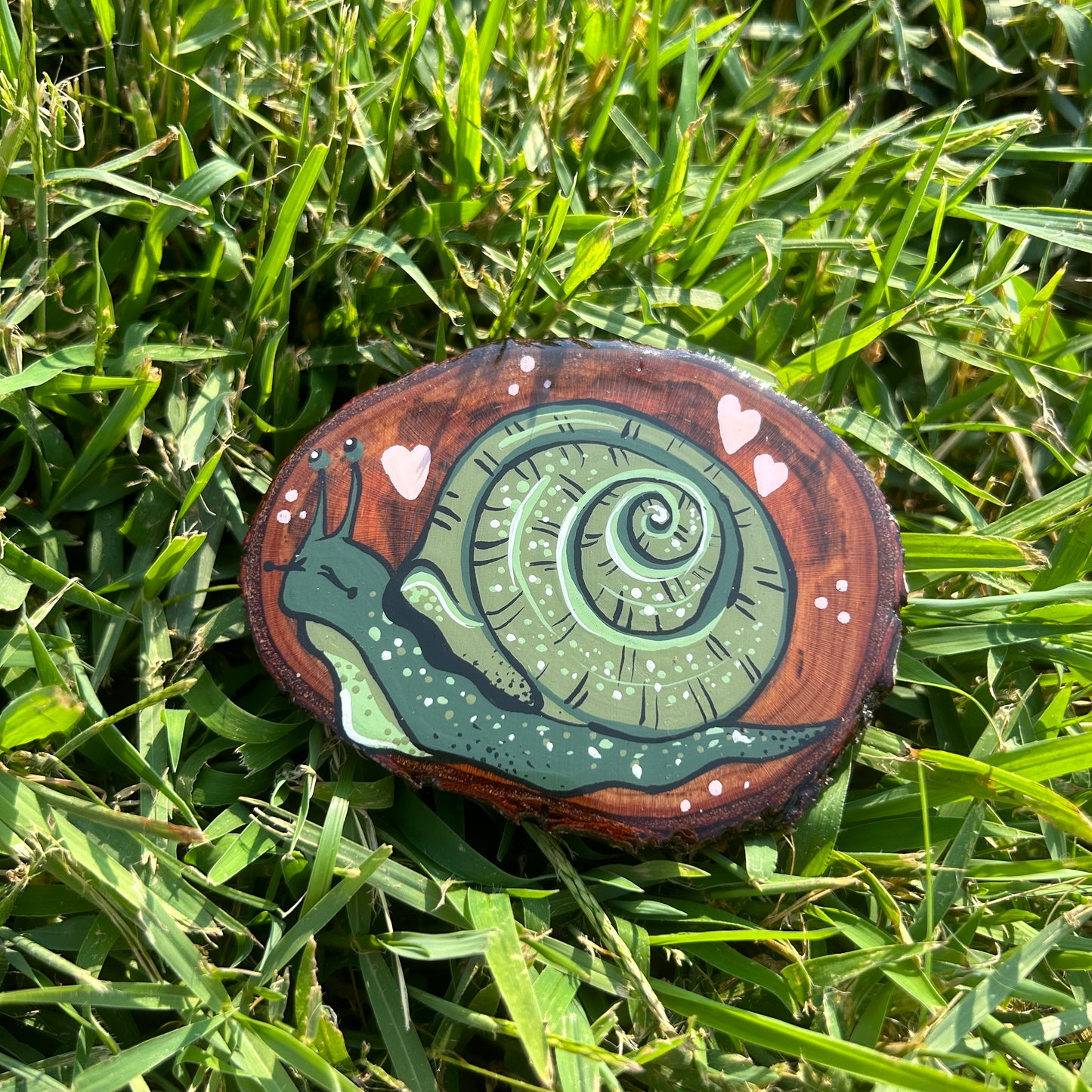 Hand-Painted Snail Artwork on Recycled Wood Slice